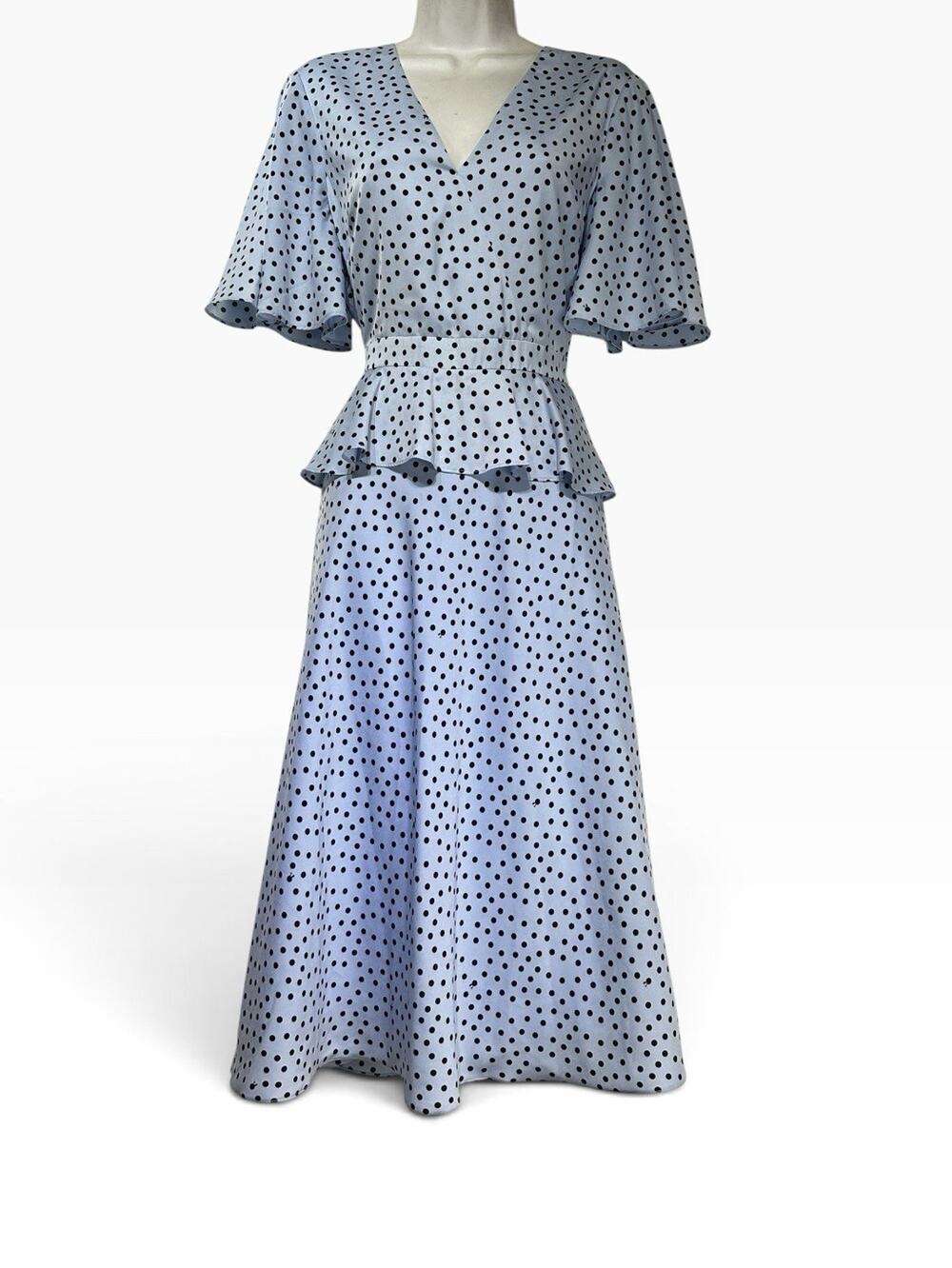 Ted Baker Mabbel Polka Dot Peplum Tea Blue Midi Dress Short Sleeve Size 3 US 8